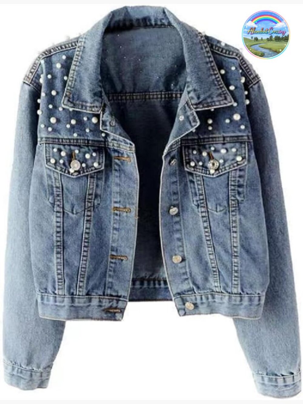 Oversize Pearl Embroidered Ripped Distressed Long Sleeve Denim Jacket Coat